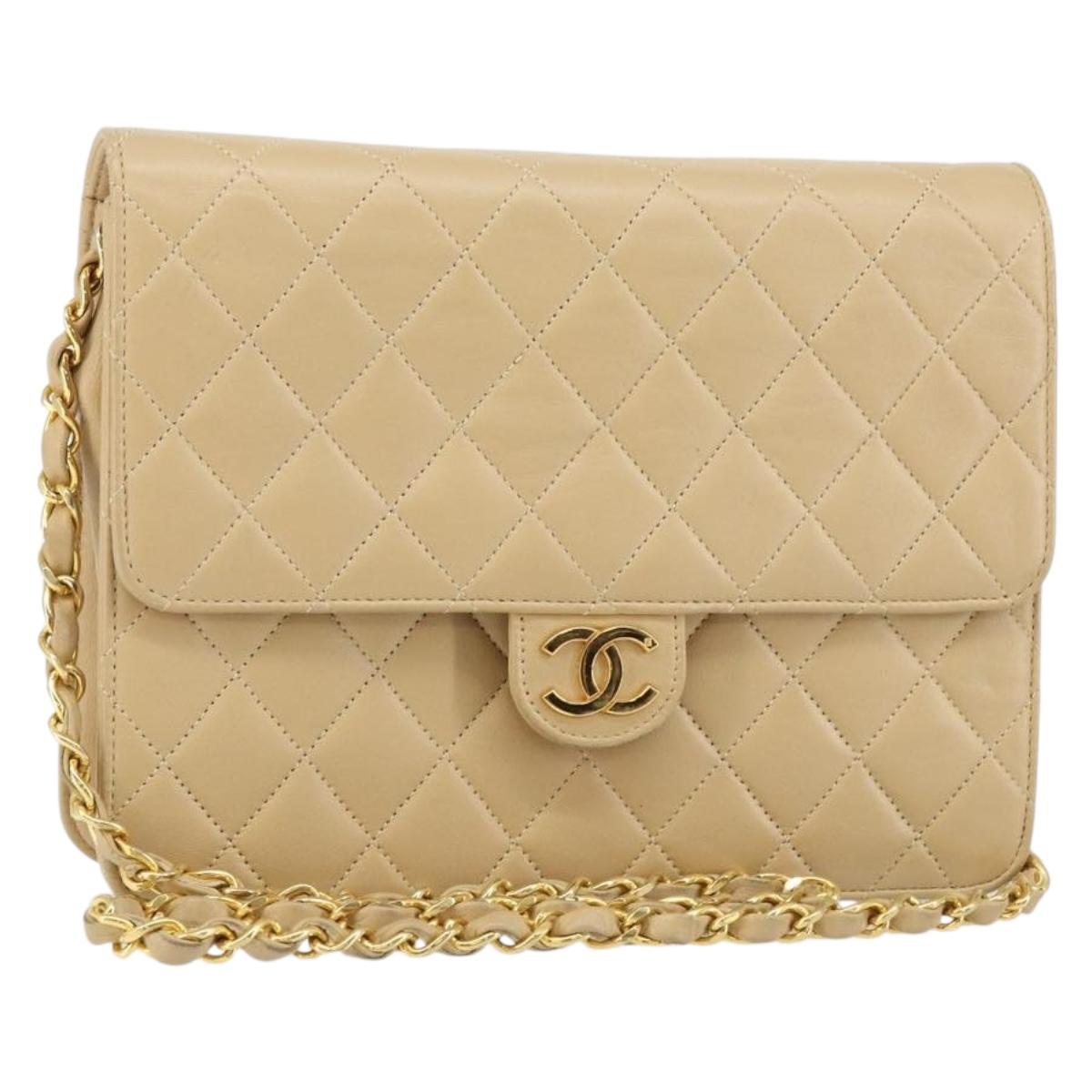 CHANEL Matelasse Chain Shoulder Bag Lamb Skin Beige Gold CC Auth 147627