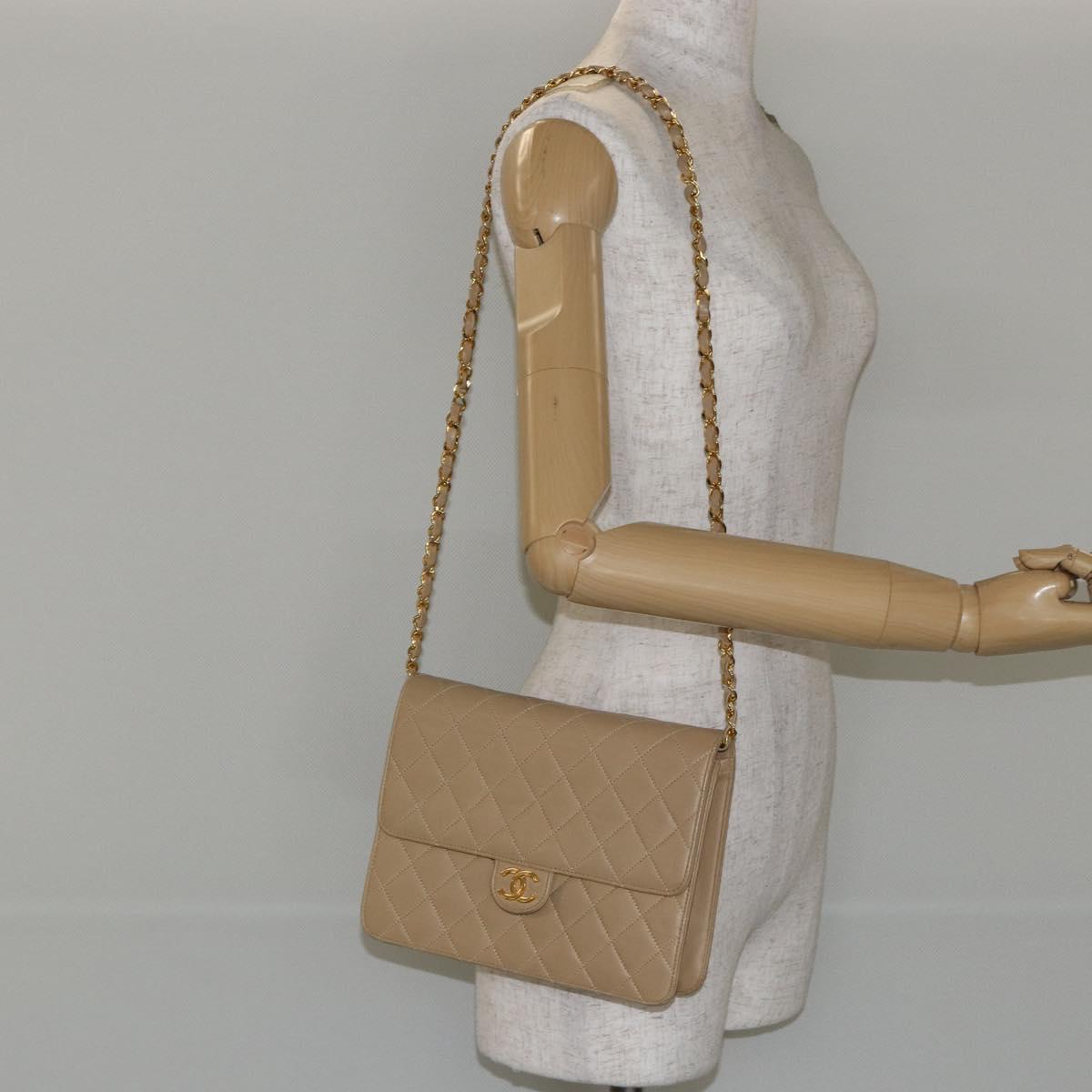 CHANEL Matelasse Chain Shoulder Bag Lamb Skin Beige Gold CC Auth 147627