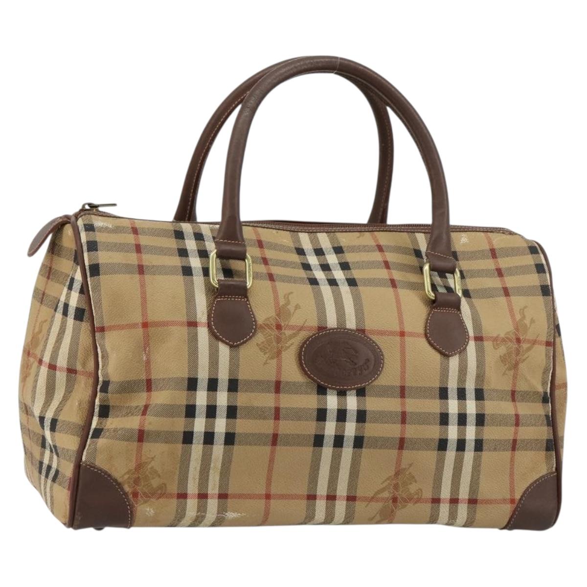 Burberrys Nova Check Boston Bag PVC Beige Gold Auth 147629