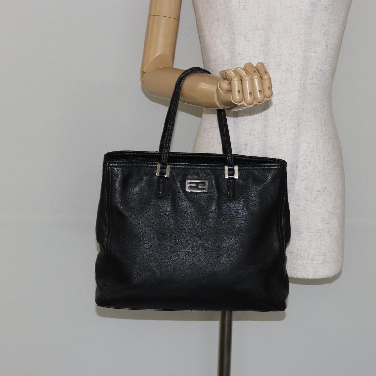 FENDI Hand Bag Leather Black Silver Auth 147641
