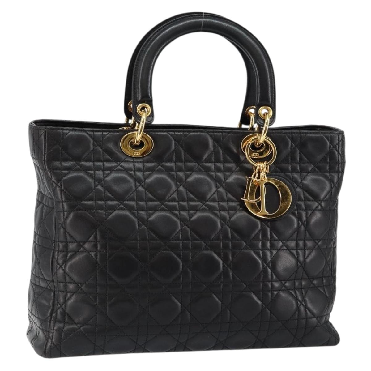 Christian Dior Lady Dior Canage Hand Bag Lamb Skin Black Auth 147686