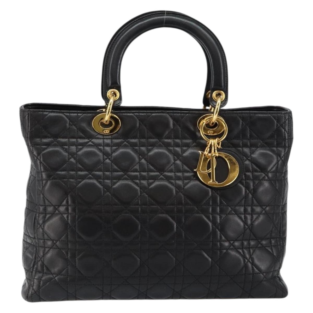 Christian Dior Lady Dior Canage Hand Bag Lamb Skin Black Auth 147686