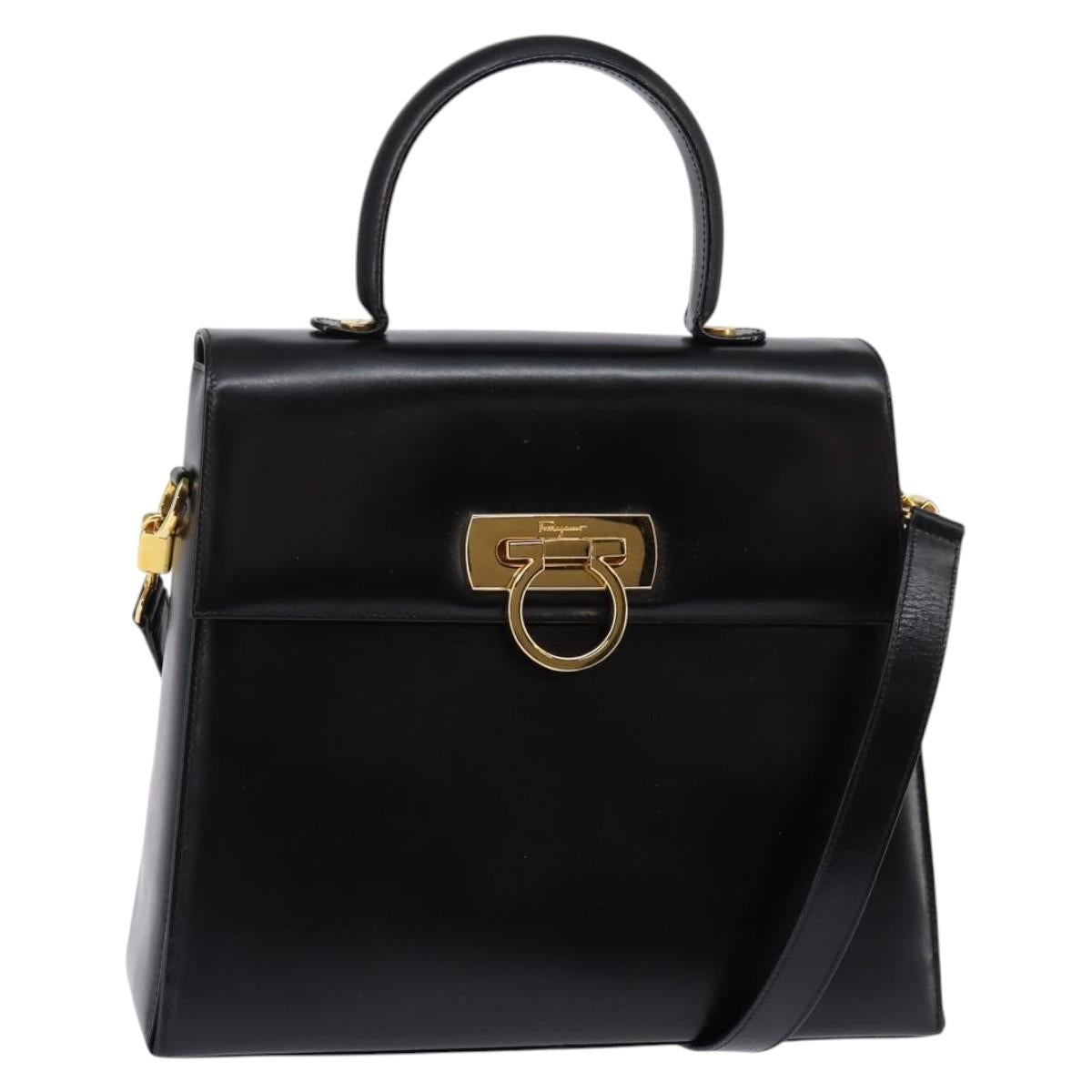 Salvatore Ferragamo Gancini Hand Bag Leather 2way Black Gold Auth 147713