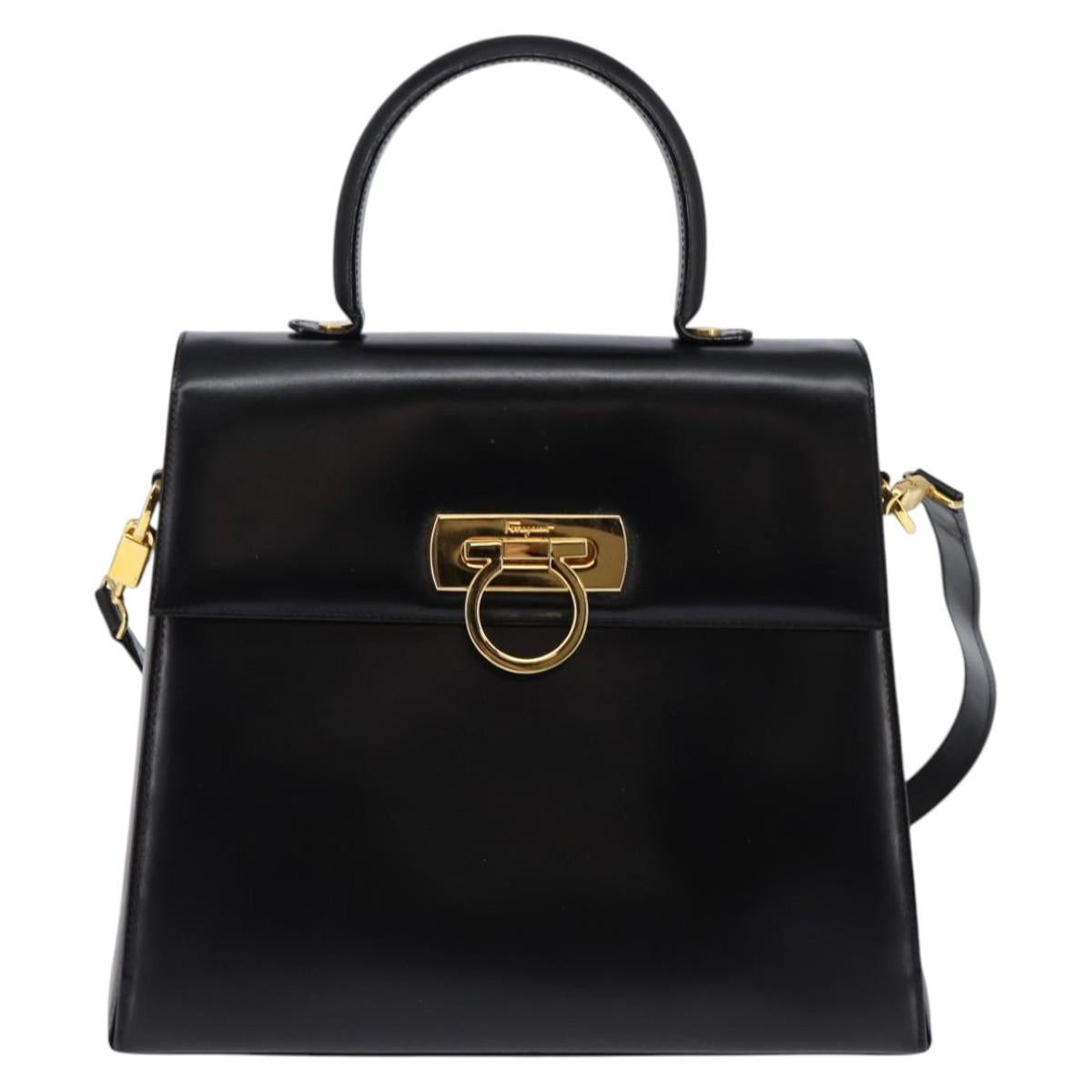 Salvatore Ferragamo Gancini Hand Bag Leather 2way Black Gold Auth 147713