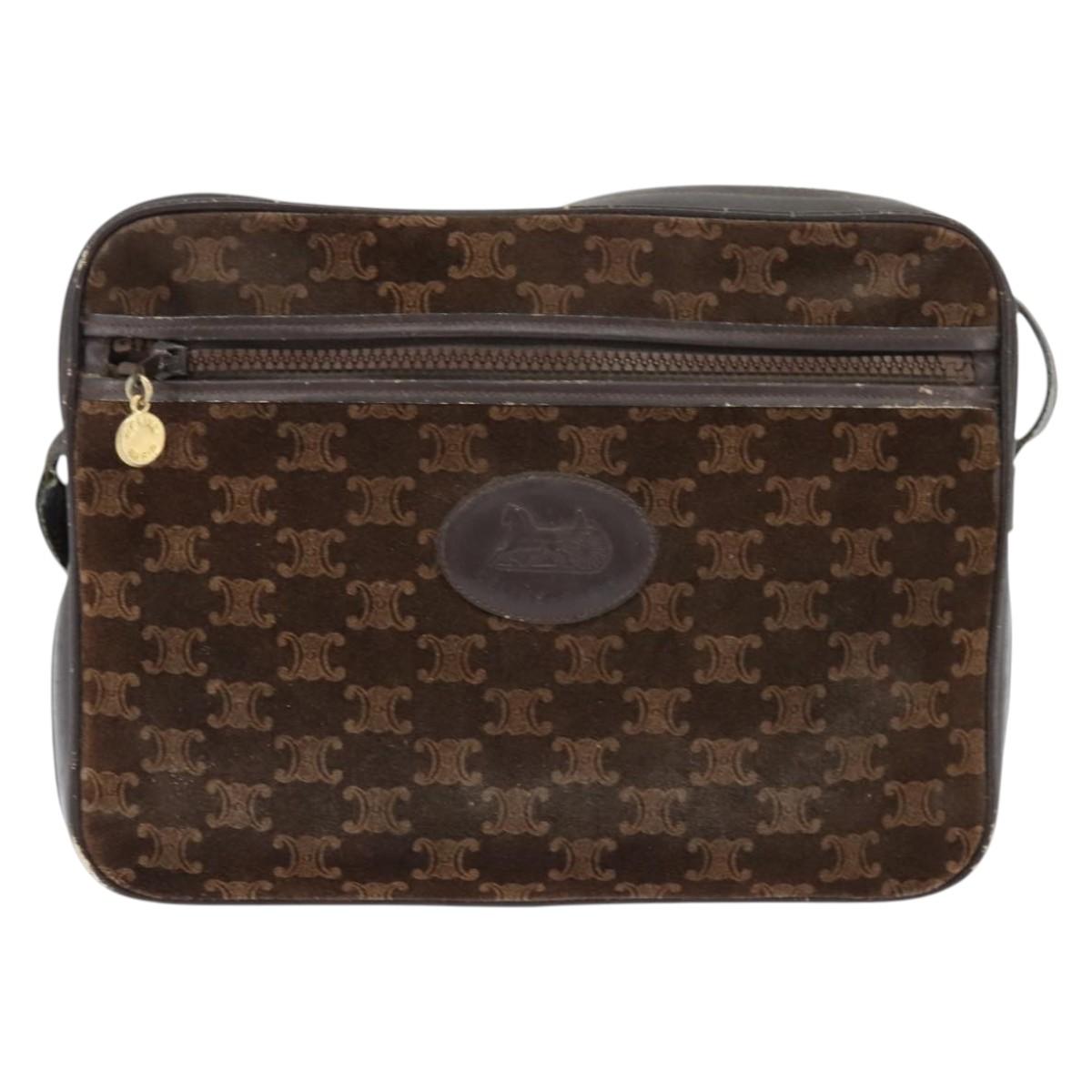 CELINE Macadam Canvas Shoulder Bag Suede Brown Gold Auth 147778