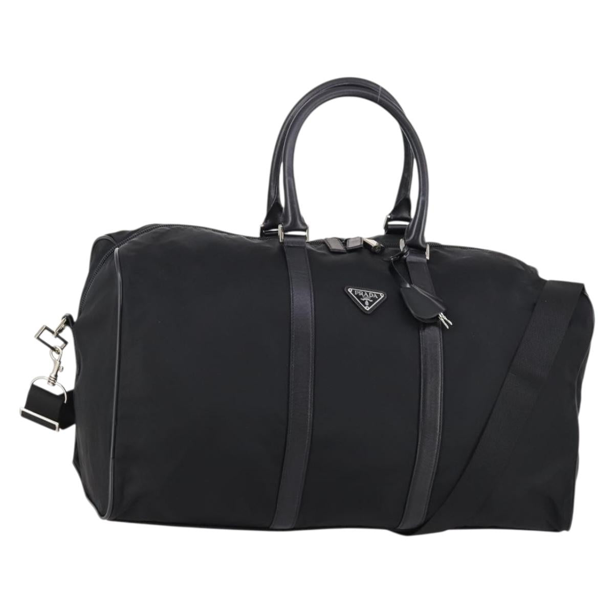 PRADA Boston Bag Nylon Leather 2way Black Silver Auth 147786