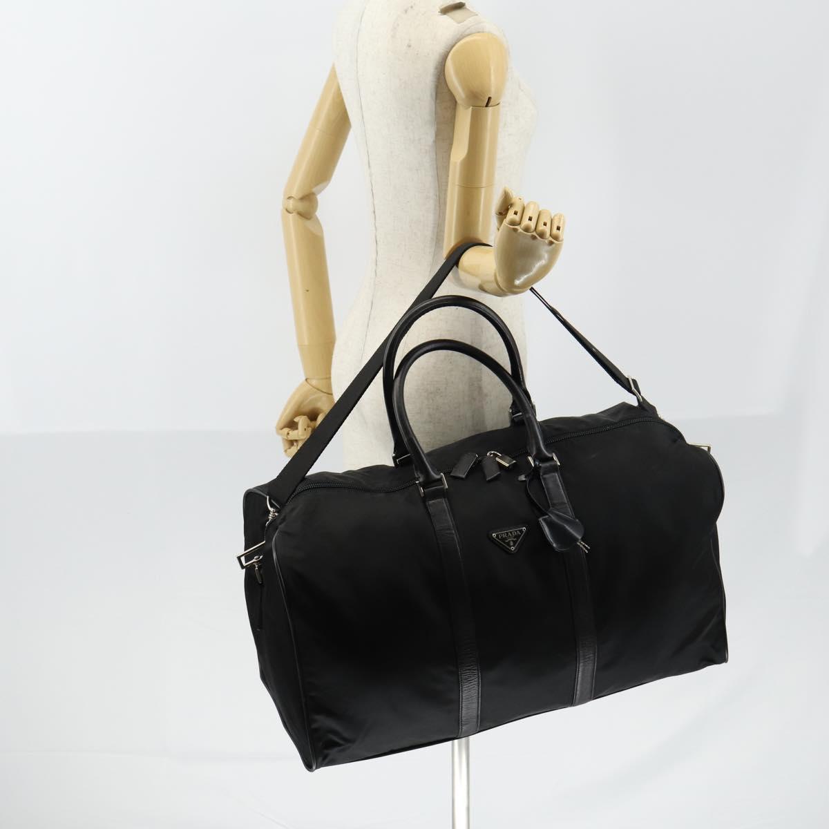 PRADA Boston Bag Nylon Leather 2way Black Silver Auth 147786