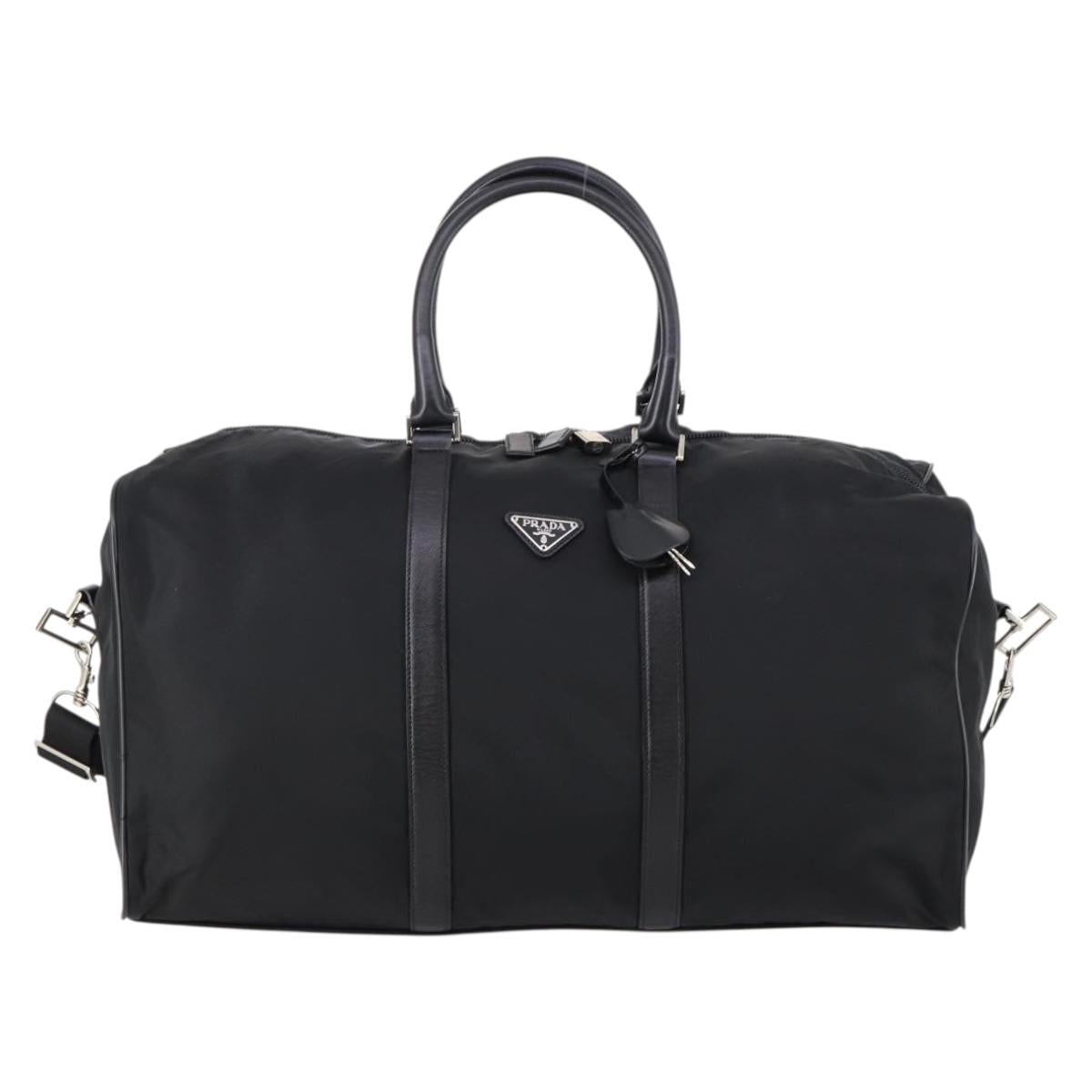 PRADA Boston Bag Nylon Leather 2way Black Silver Auth 147786