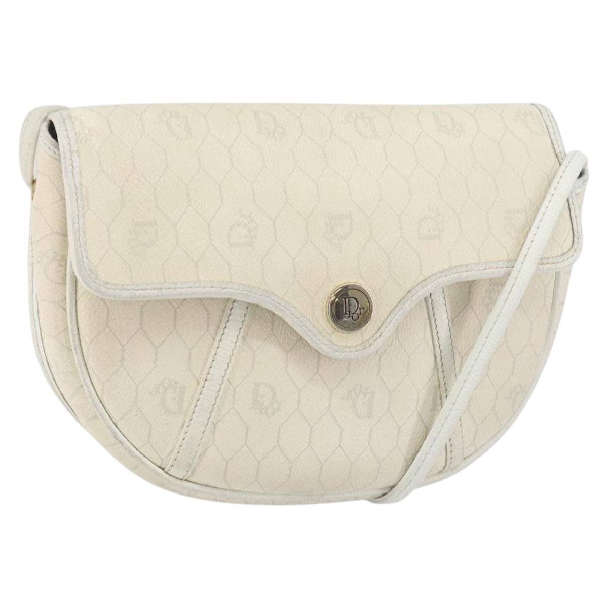 Christian Dior Honeycomb Canvas Chain Shoulder Bag PVC White Gold Auth 147788