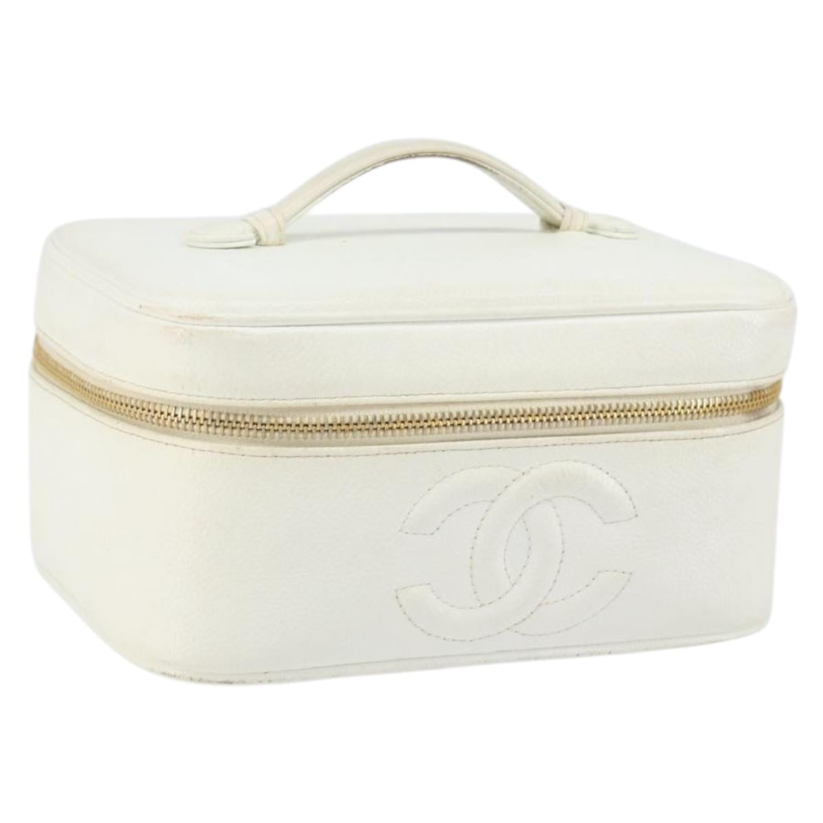 CHANEL Bicolore Vanity Bag Caviar Skin White Gold CC Auth 147795
