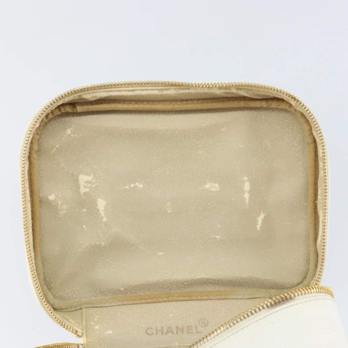 CHANEL Bicolore Vanity Bag Caviar Skin White Gold CC Auth 147795