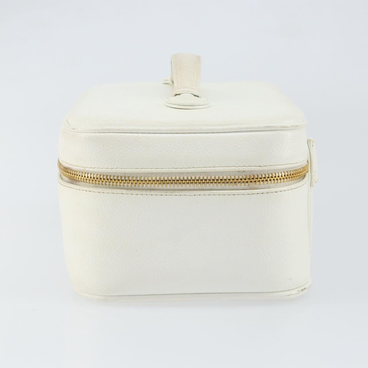 CHANEL Bicolore Vanity Bag Caviar Skin White Gold CC Auth 147795