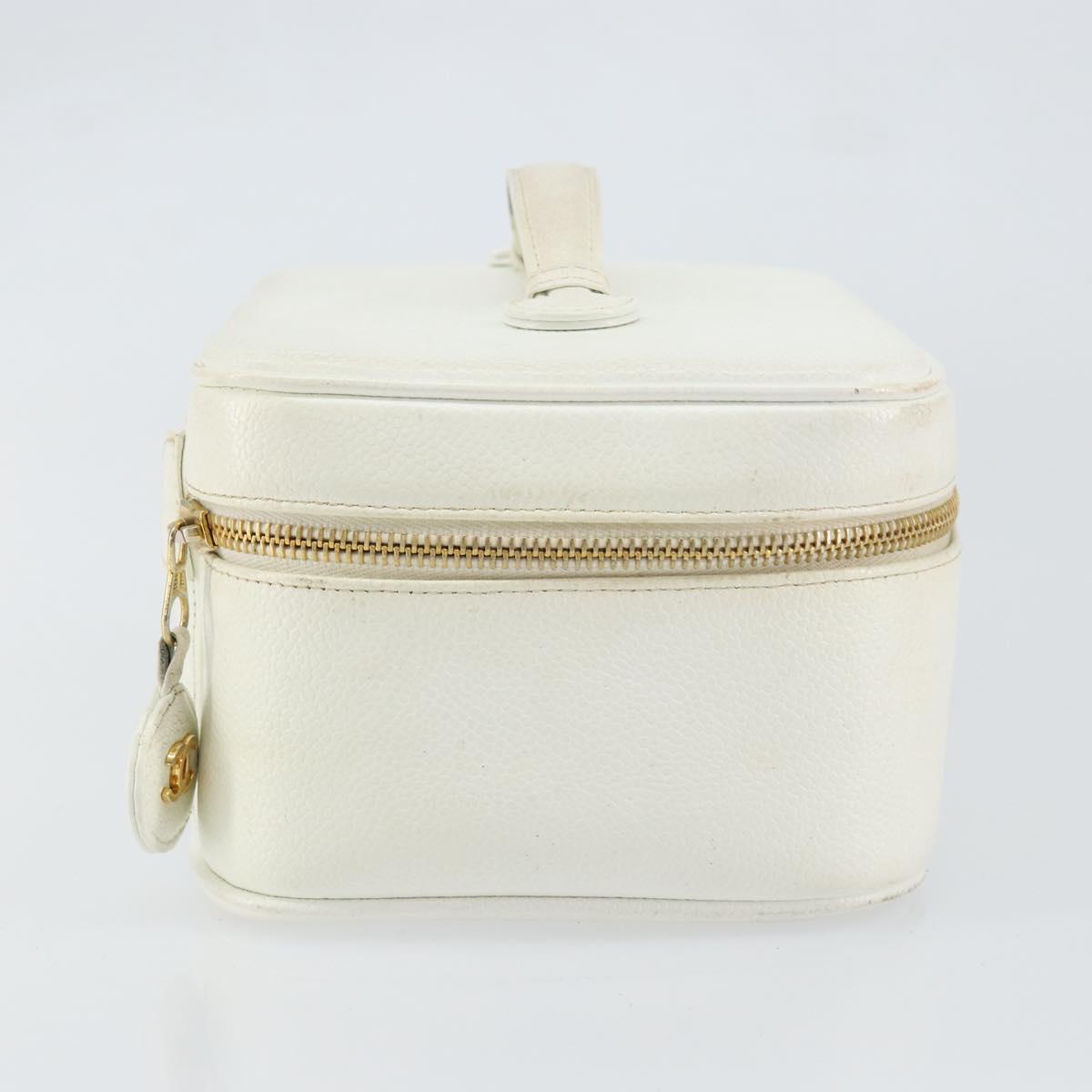 CHANEL Bicolore Vanity Bag Caviar Skin White Gold CC Auth 147795