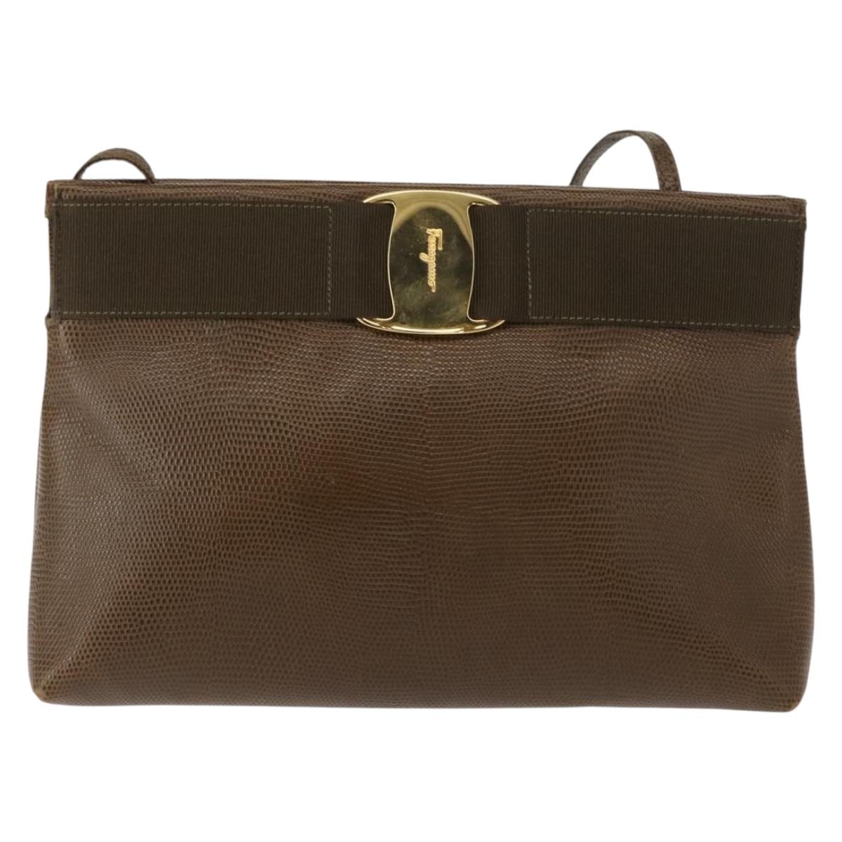 Salvatore Ferragamo Vala Shoulder Bag Leather Khaki Gold Auth 147889