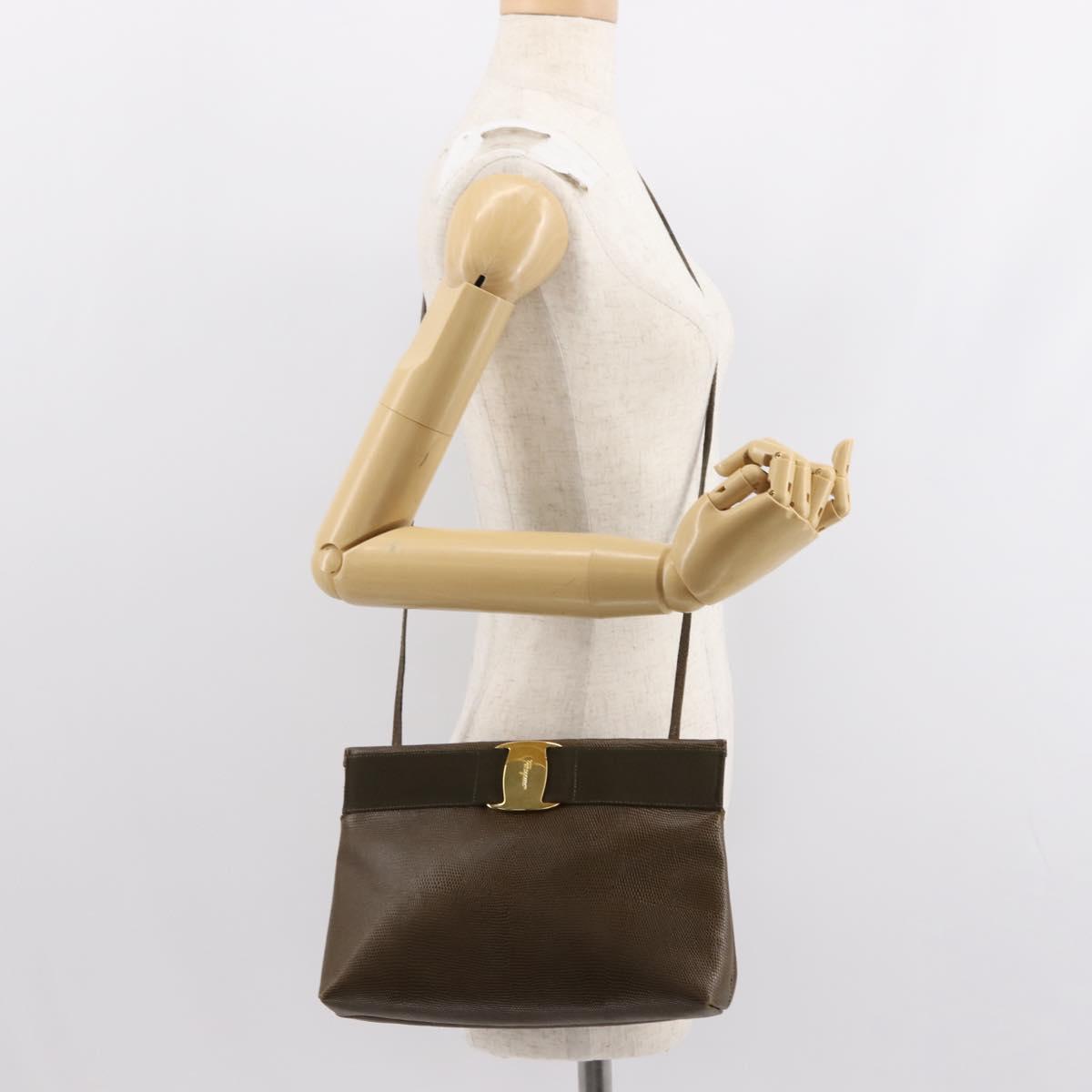 Salvatore Ferragamo Vala Shoulder Bag Leather Khaki Gold Auth 147889