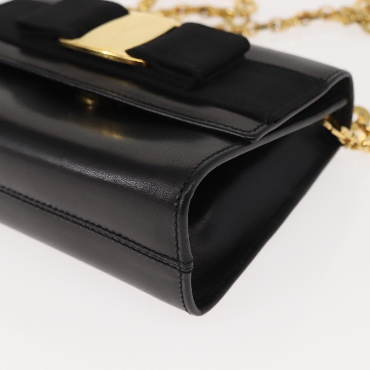 Salvatore Ferragamo Chain Vala Shoulder Bag Leather Black Gold Auth 147890