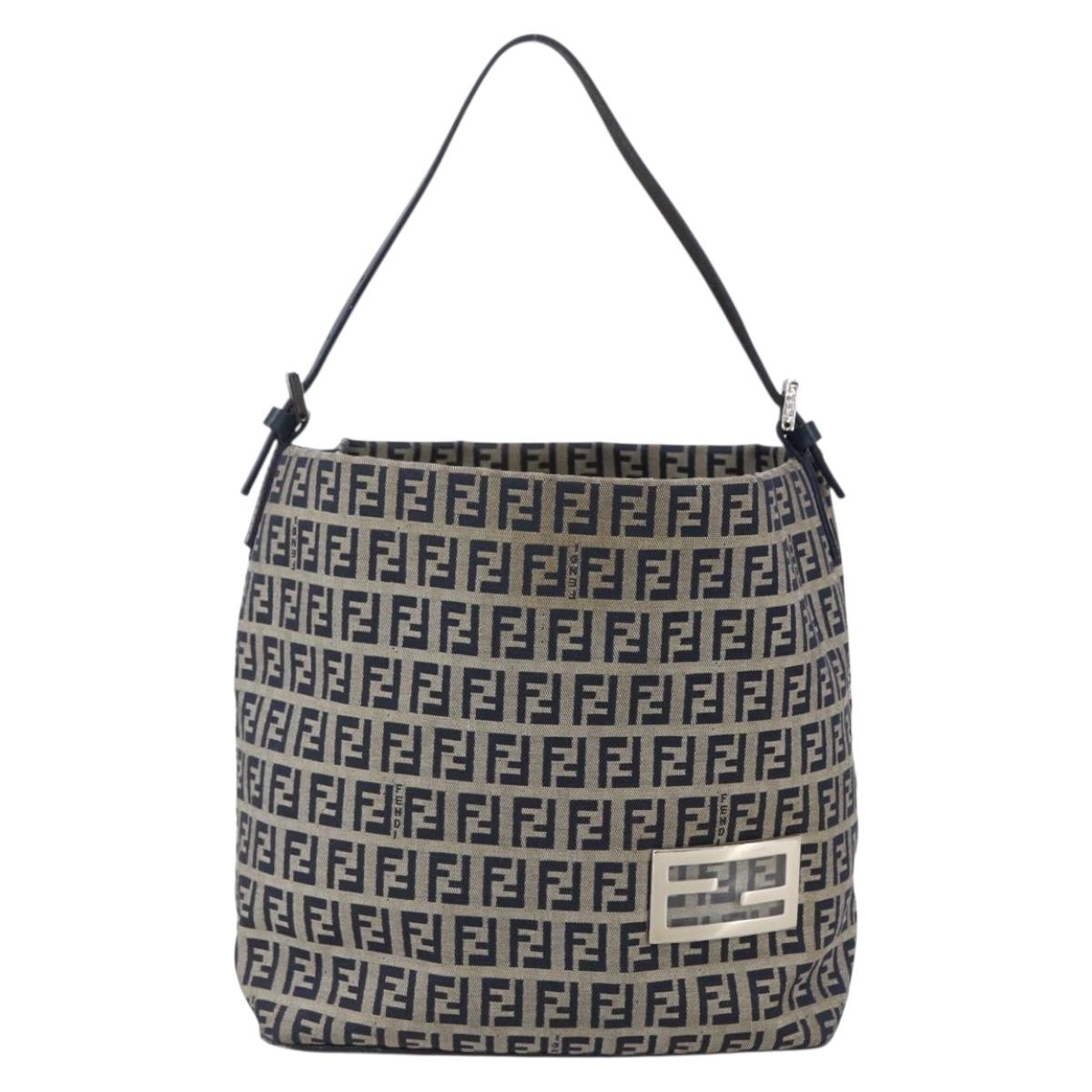 FENDI Zucchino Canvas Shoulder Bag Navy Silver Auth 147907