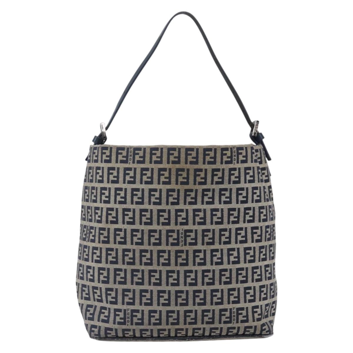 FENDI Zucchino Canvas Shoulder Bag Navy Silver Auth 147907