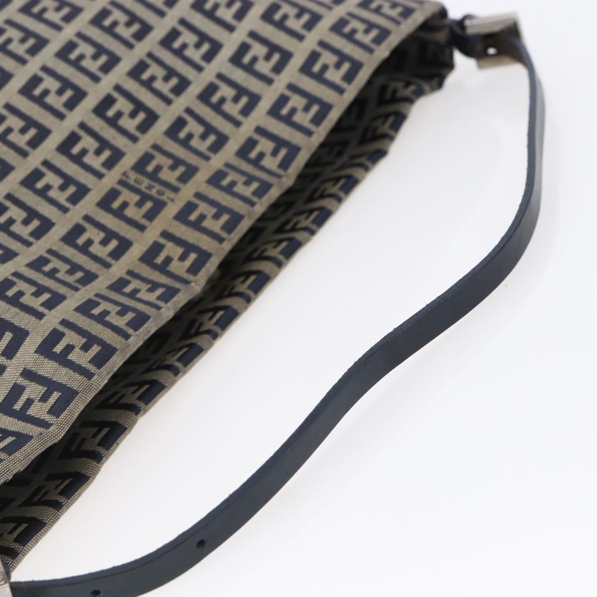 FENDI Zucchino Canvas Shoulder Bag Navy Silver Auth 147907