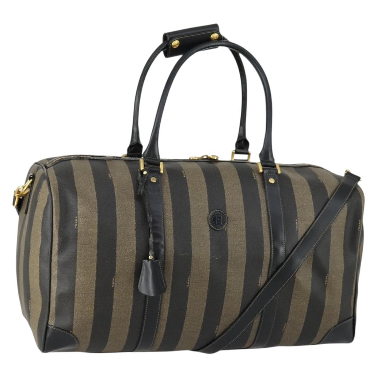 FENDI Pecan Canvas Boston Bag PVC 2way Black Brown gold Auth 147908