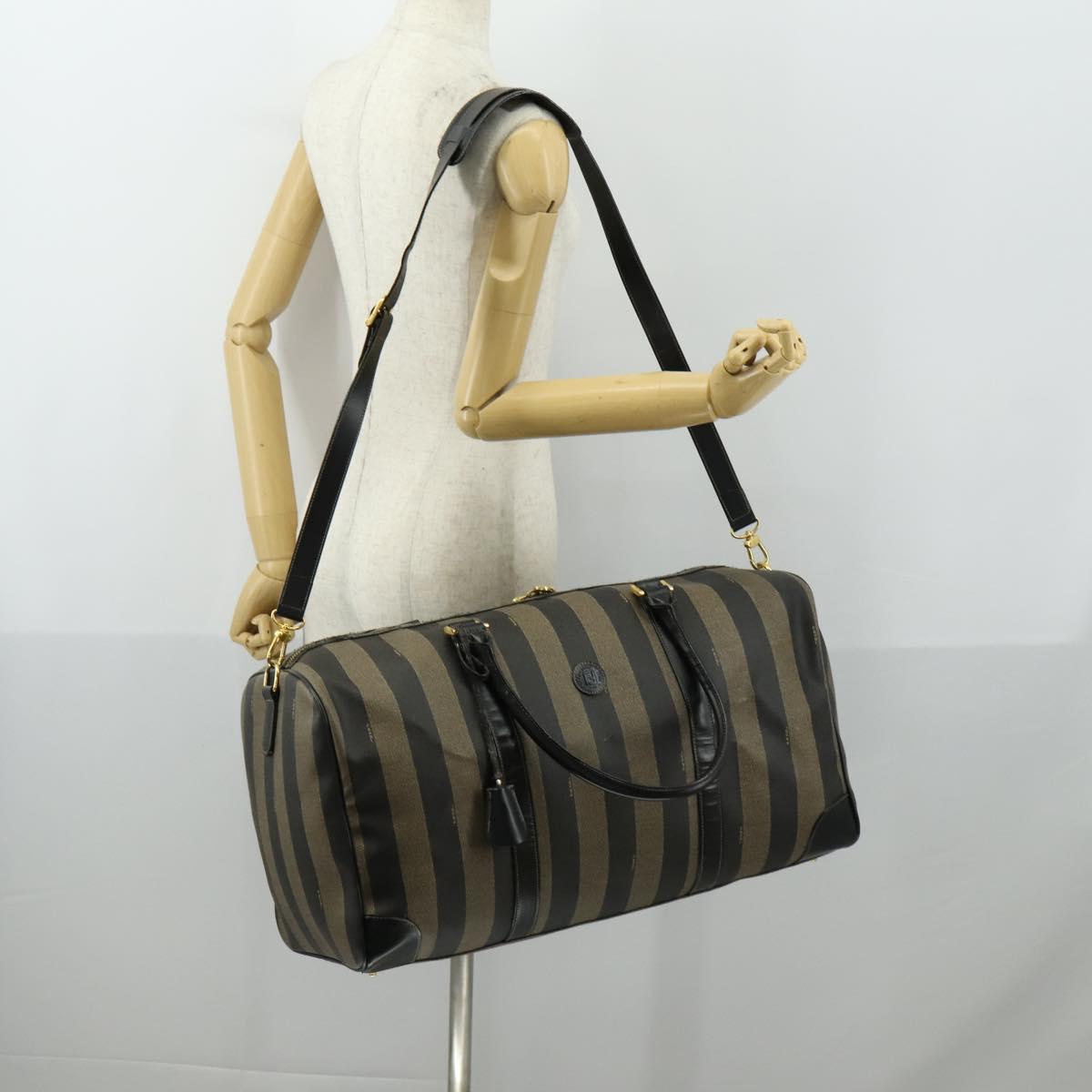 FENDI Pecan Canvas Boston Bag PVC 2way Black Brown gold Auth 147908