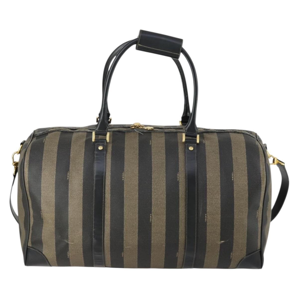 FENDI Pecan Canvas Boston Bag PVC 2way Black Brown gold Auth 147908