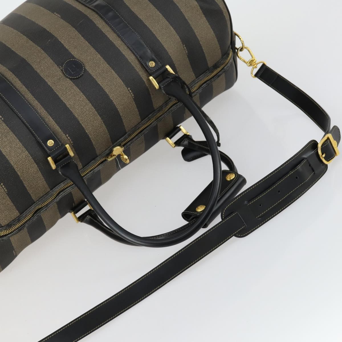 FENDI Pecan Canvas Boston Bag PVC 2way Black Brown gold Auth 147908