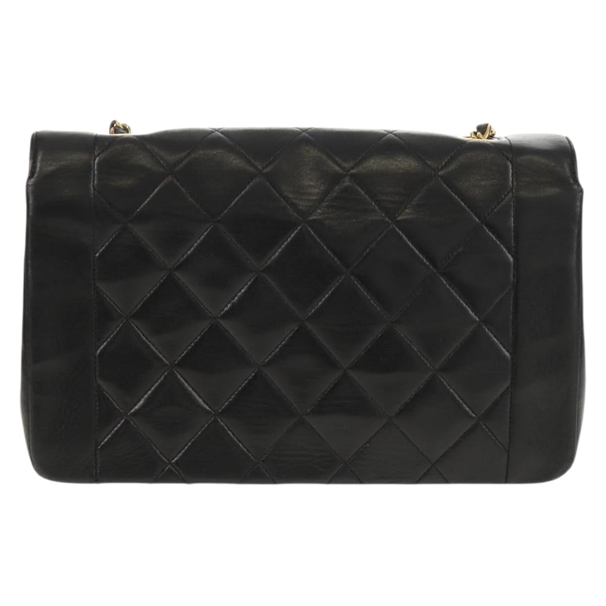 CHANEL Matelasse Chain Diana Shoulder Bag Lamb Skin Black Gold CC Auth 147913V
