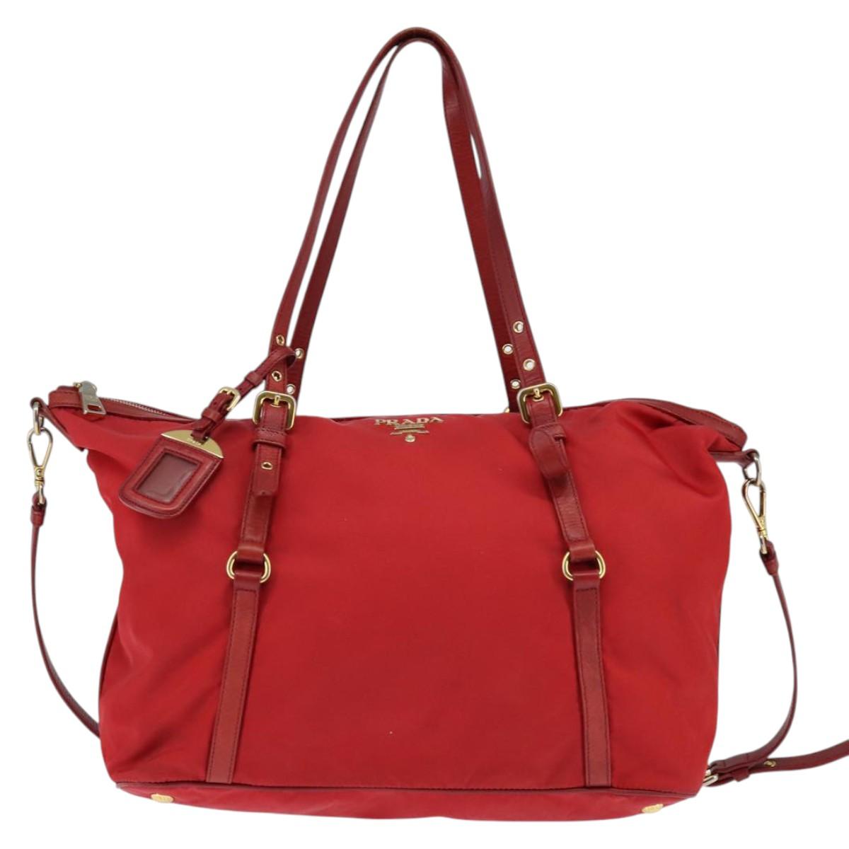 PRADA Tote Bag Nylon 2way Red Gold Auth 147953