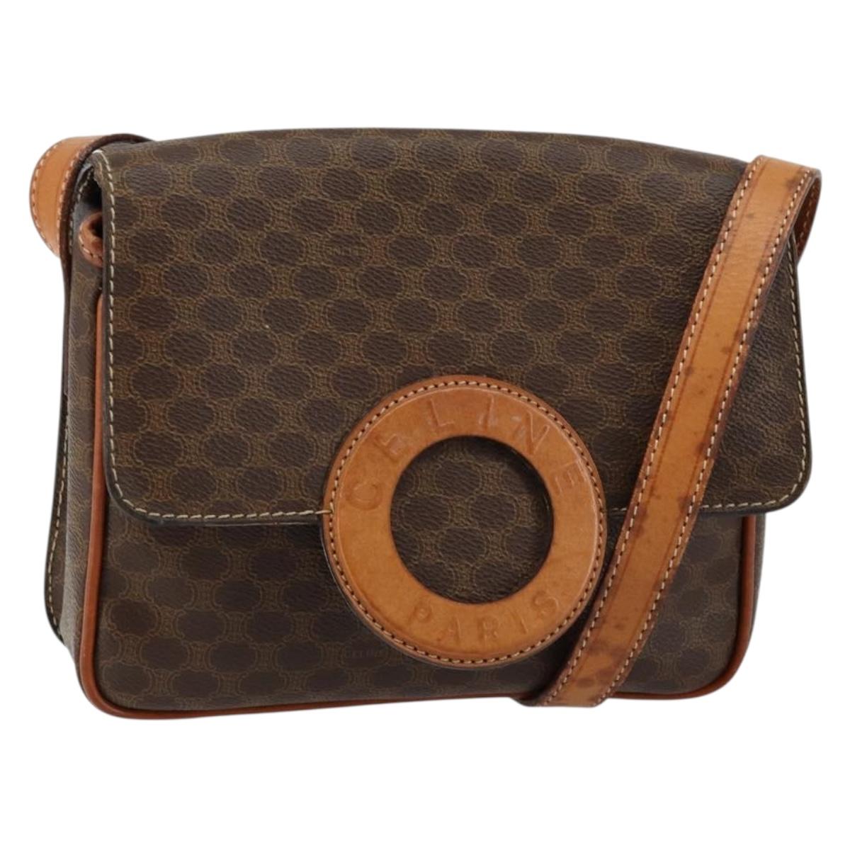 CELINE Macadam Canvas Circle Shoulder Bag PVC Leather Brown Gold Auth 147957