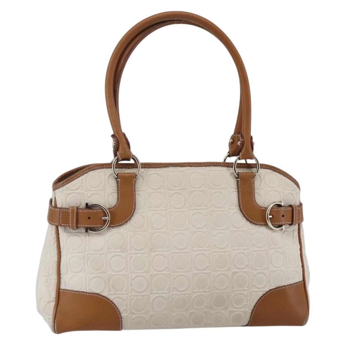 Salvatore Ferragamo Gancini Hand Bag Leather Ivory Gold Auth 147963