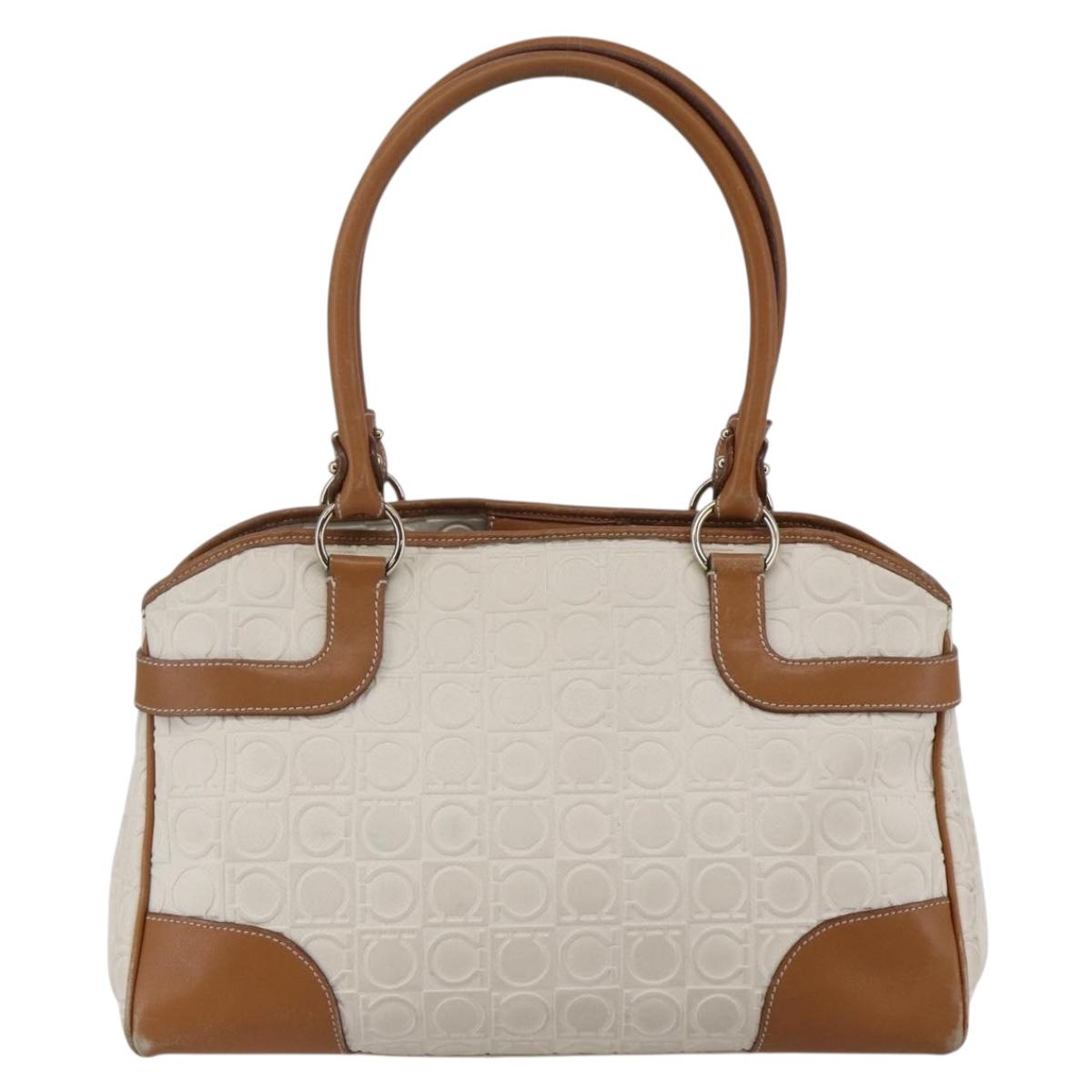 Salvatore Ferragamo Gancini Hand Bag Leather Ivory Gold Auth 147963