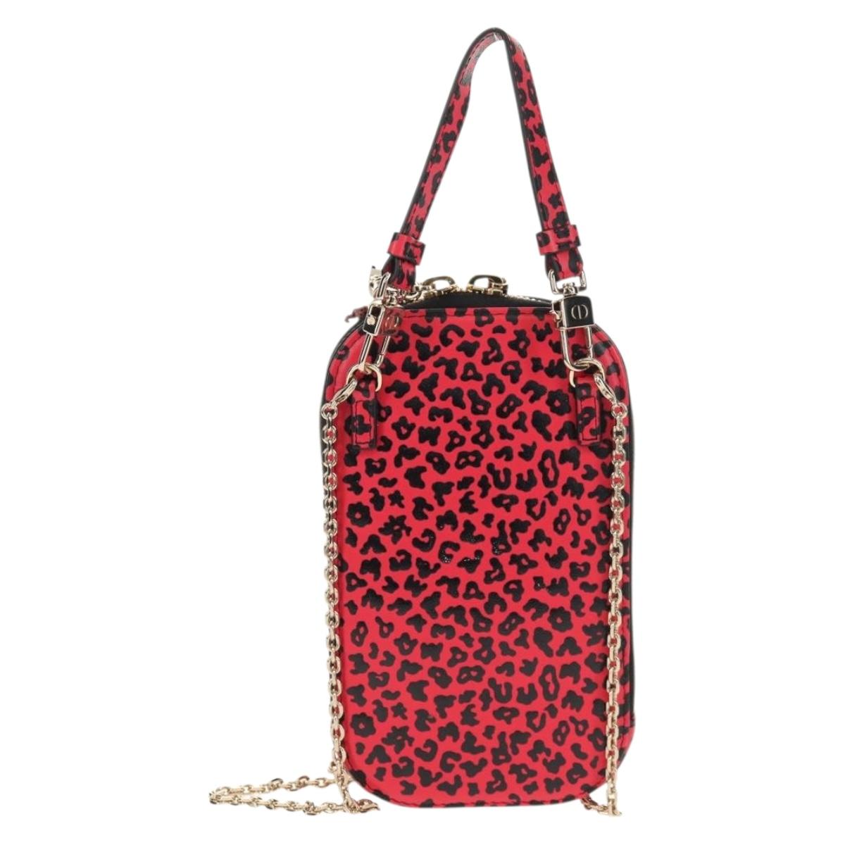 Christian Dior Chain Phone Pouch Leather 2way Red Gold Auth 147971SAM