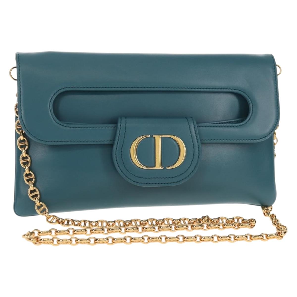Christian Dior Chain Dior Double Shoulder Bag Leather Blue Gold Auth 147974M