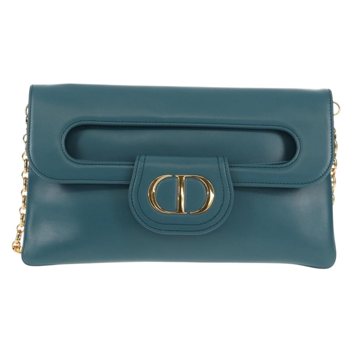 Christian Dior Chain Dior Double Shoulder Bag Leather Blue Gold Auth 147974M