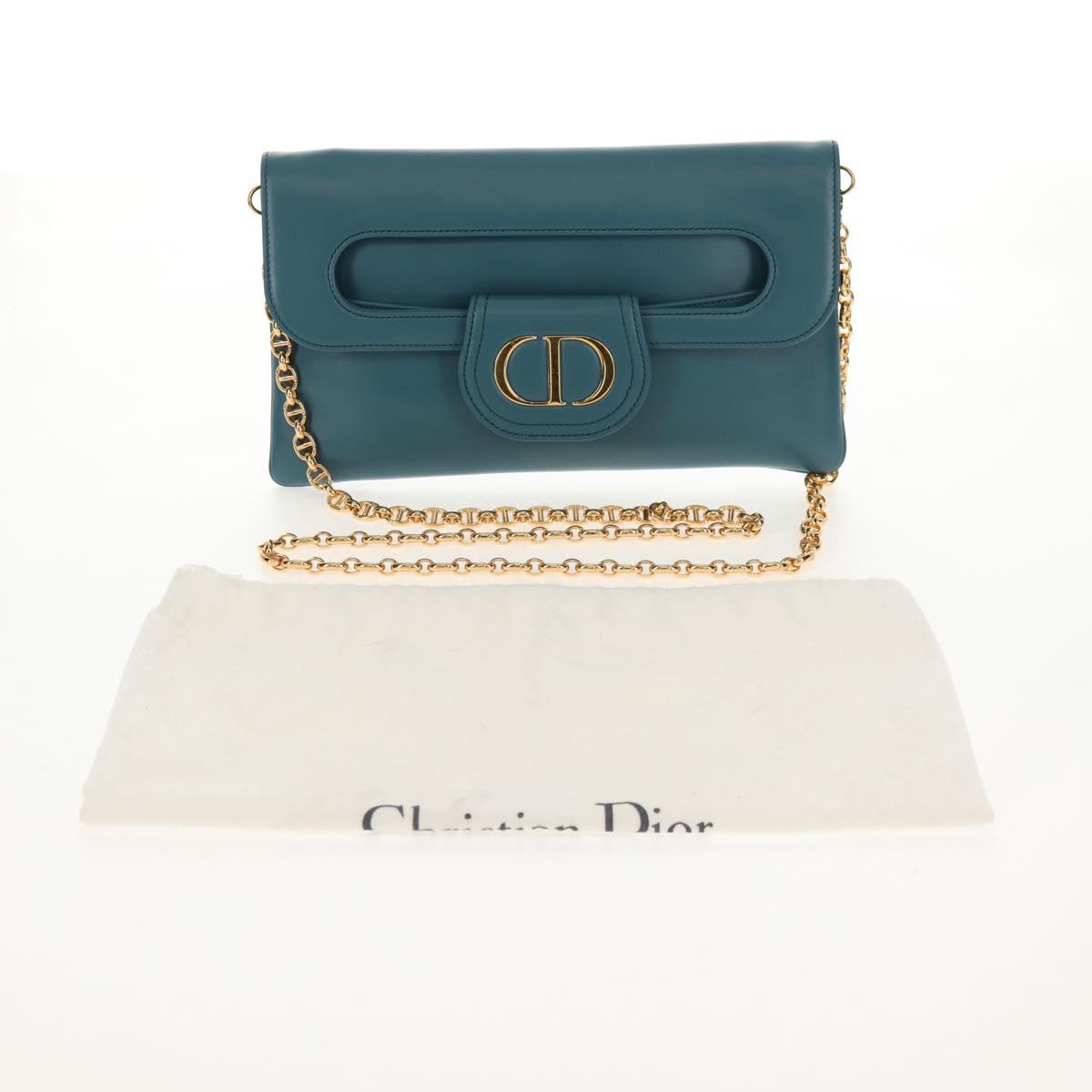 Christian Dior Chain Dior Double Shoulder Bag Leather Blue Gold Auth 147974M