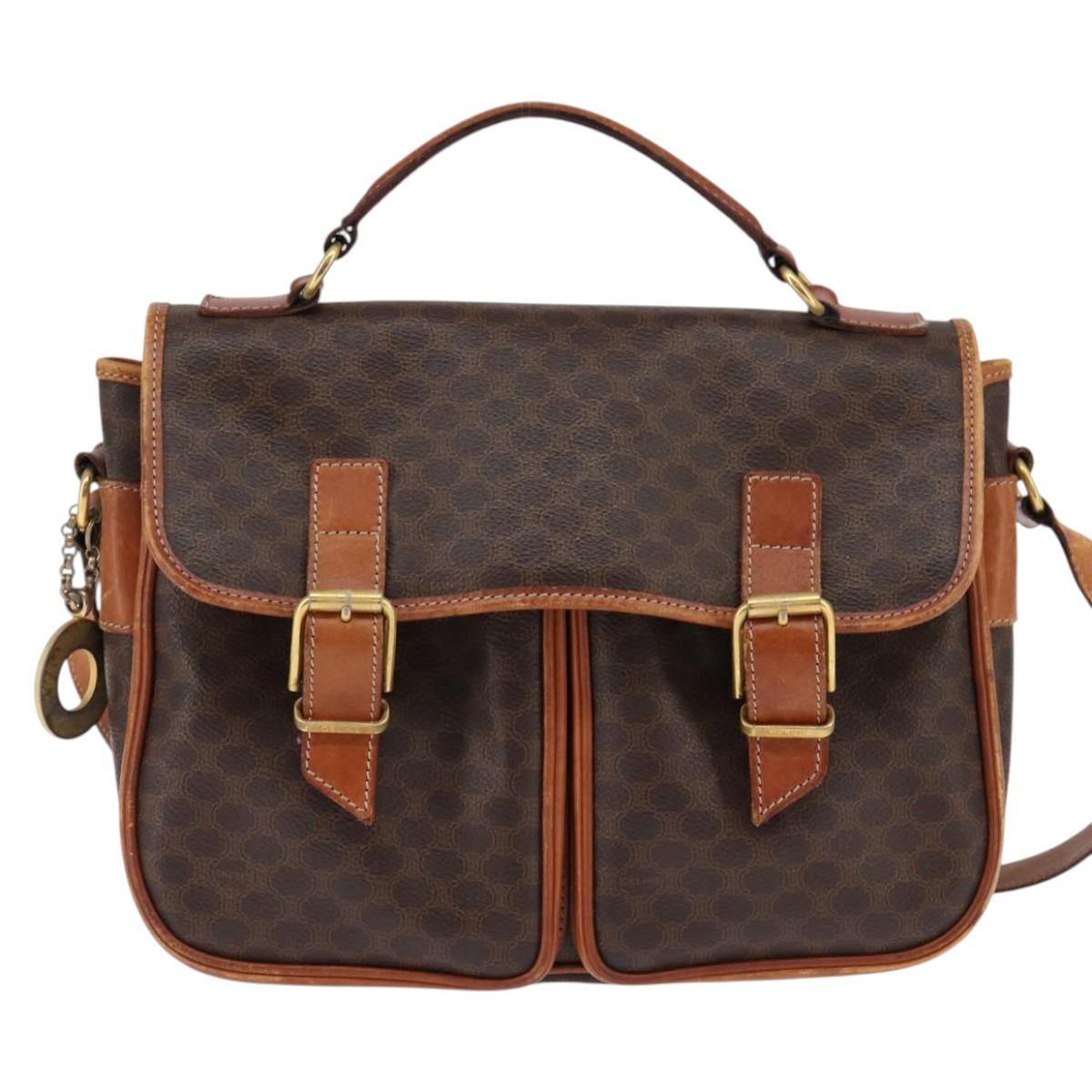 CELINE Macadam Canvas Circle Shoulder Bag PVC Leather Brown Gold Auth 147994