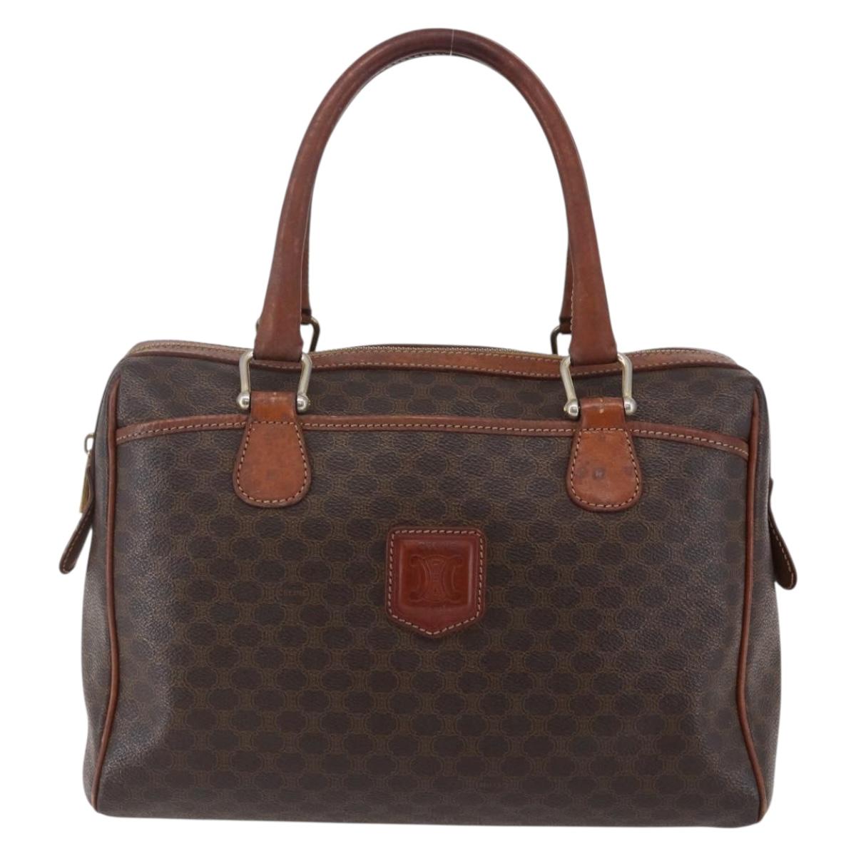 CELINE Macadam Canvas Boston Bag PVC Leather Brown Gold Auth 147995