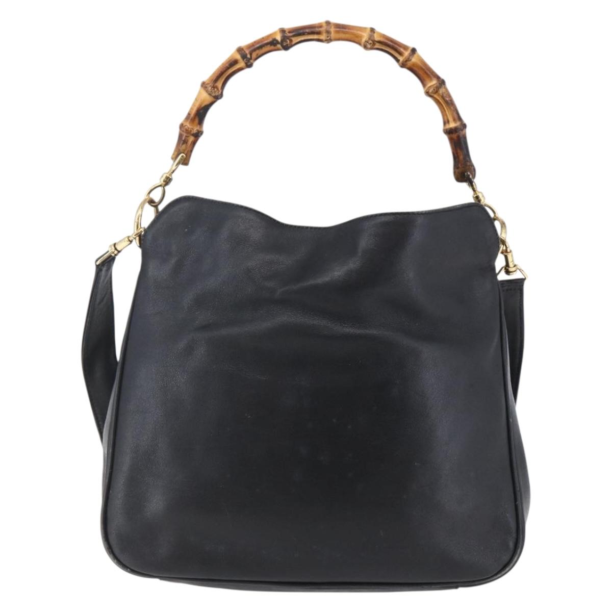 GUCCI Bamboo Shoulder Bag Leather 2way Black Gold 001 3444 1638 Auth 148001