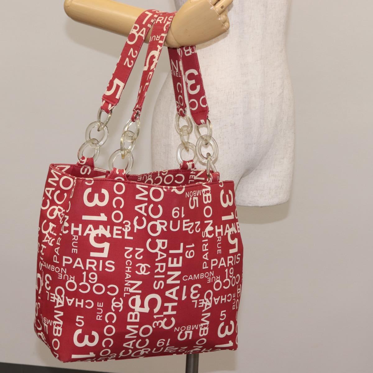 CHANEL Chain Bysy Line Tote Bag Canvas Red CC Auth 148004
