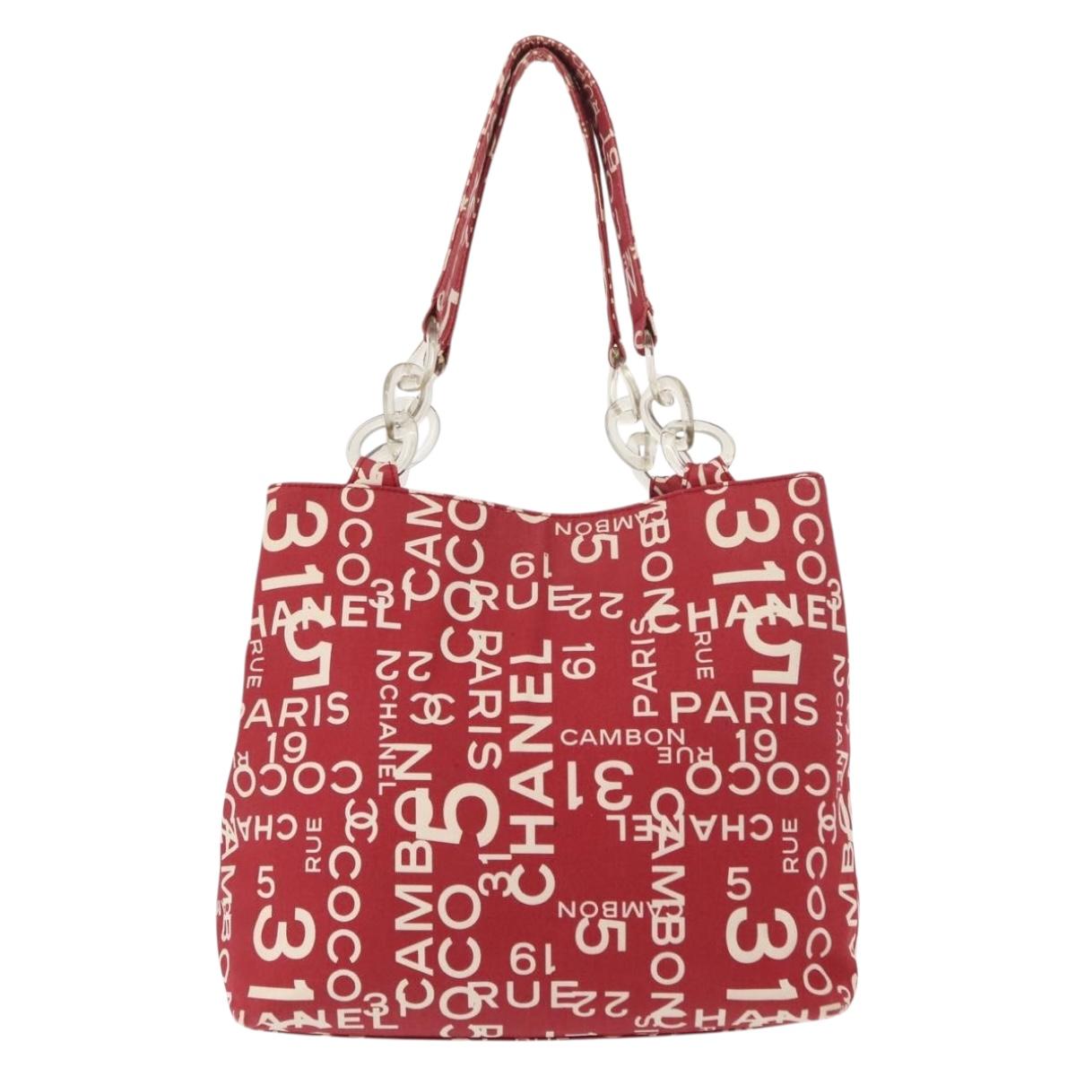 CHANEL Chain Bysy Line Tote Bag Canvas Red CC Auth 148004