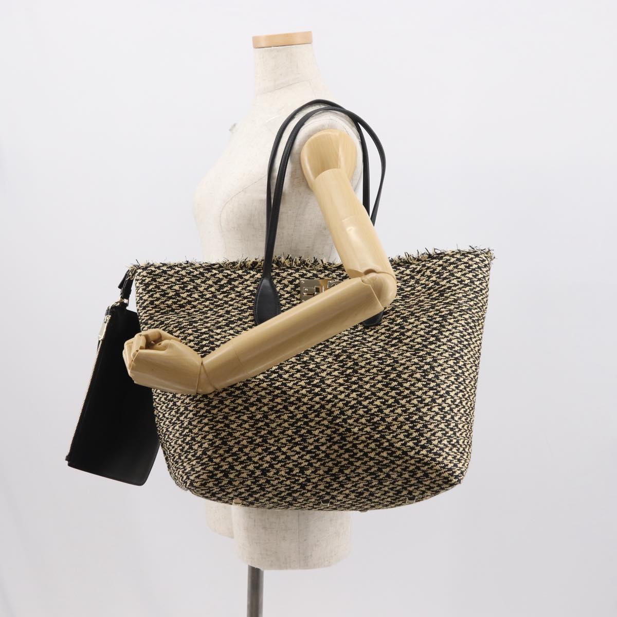 Salvatore Ferragamo Gancini Tote Bag Raffia Leather Black Silver Auth 148033