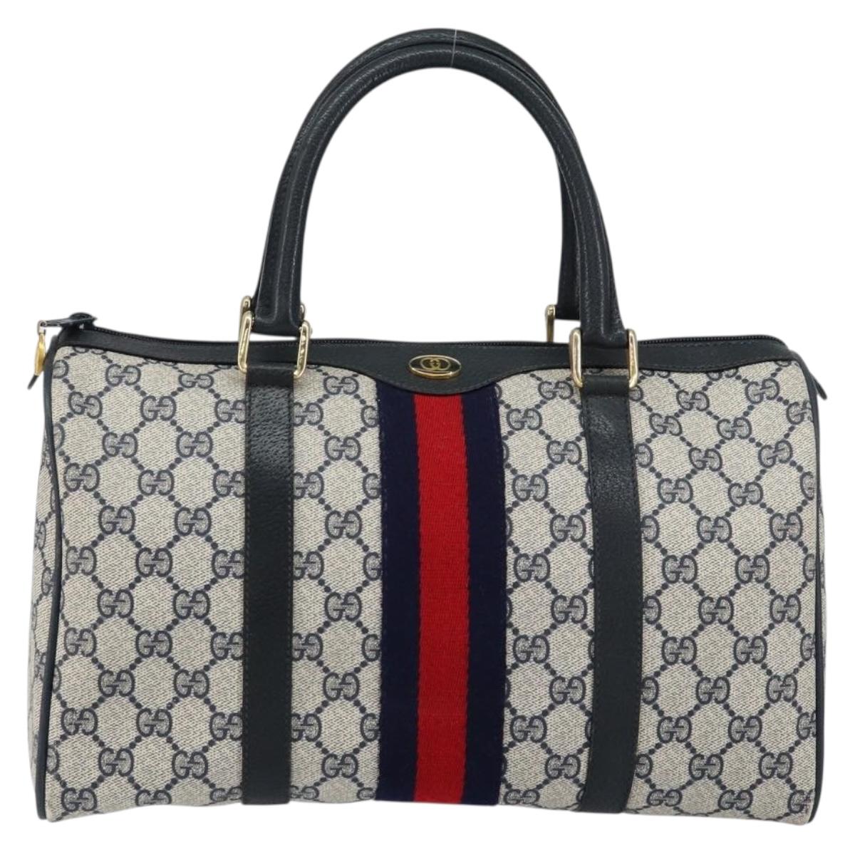 GUCCI GG Supreme Sherry Line Boston Bag PVC Navy Gold Red Auth 148161
