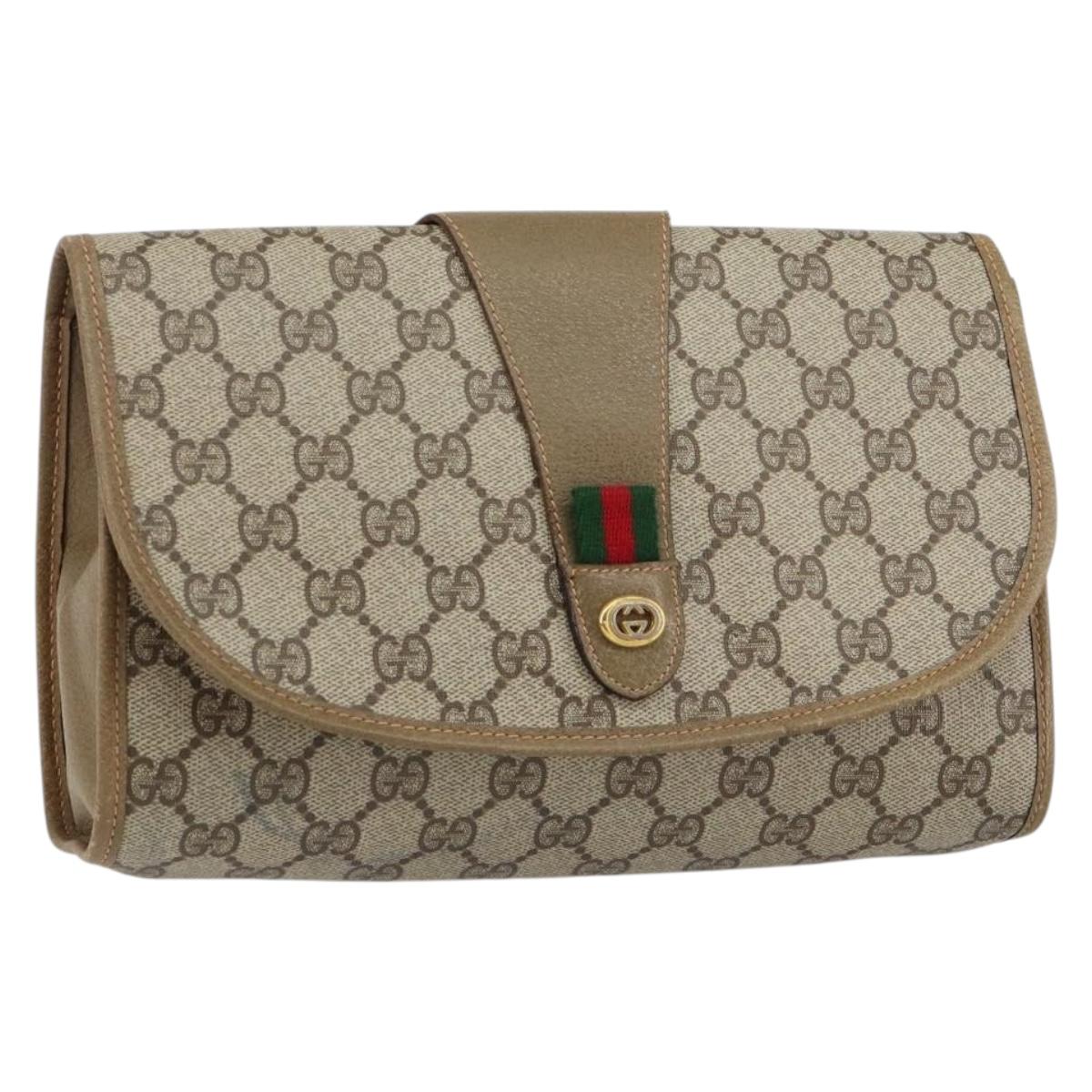 GUCCI GG Supreme Web Sherry Line Clutch Bag PVC Beige Gold 89 01 030 Auth 148162