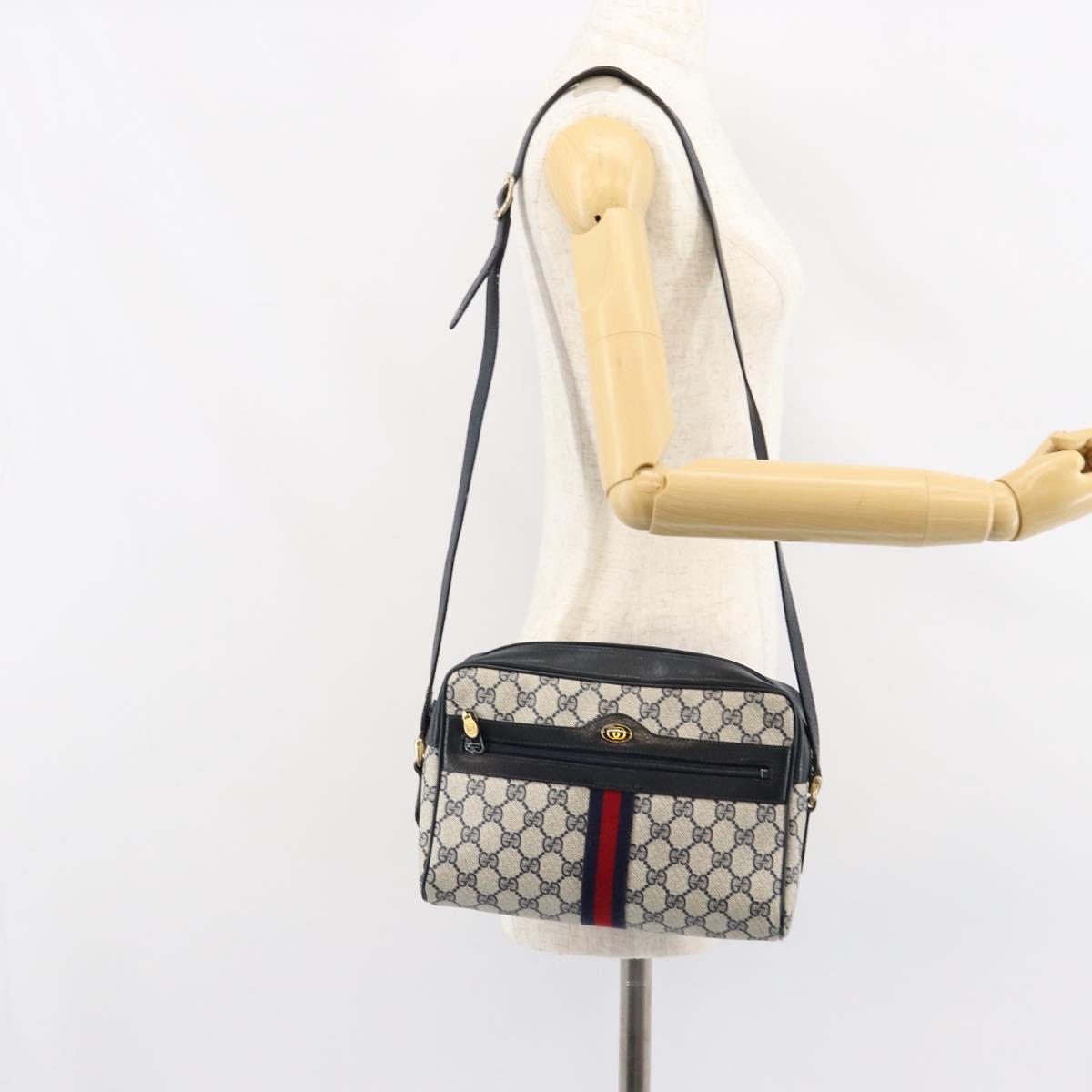 GUCCI GG Supreme Sherry Line Shoulder Bag PVC Navy Gold Auth 148163