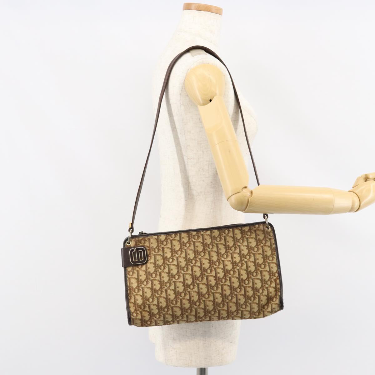 Christian Dior Trotter Canvas Shoulder Bag Beige Gold Auth 148173
