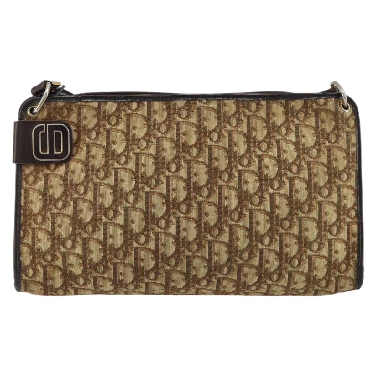 Christian Dior Trotter Canvas Shoulder Bag Beige Gold Auth 148173