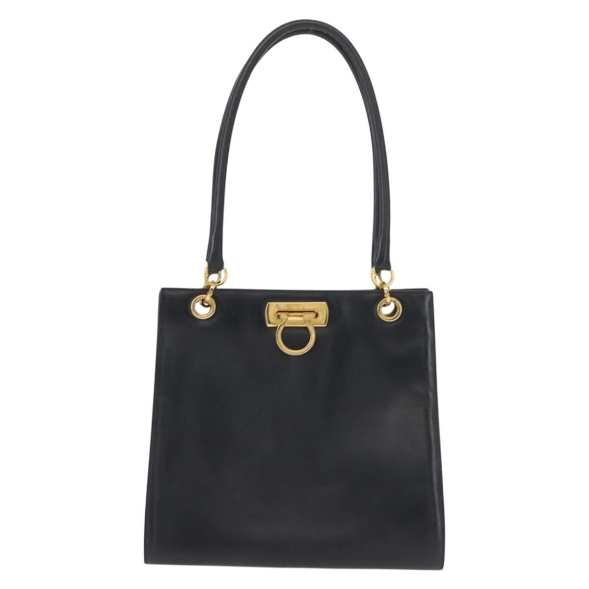 Salvatore Ferragamo Gancini Shoulder Bag Leather Navy Gold Auth 148175