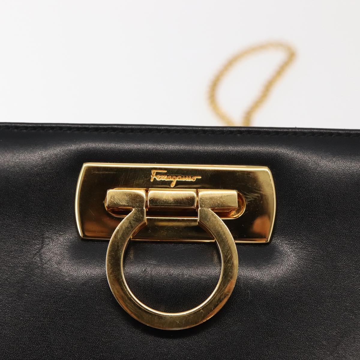 Salvatore Ferragamo Gancini Chain Shoulder Bag Leather Black Gold Auth 148176