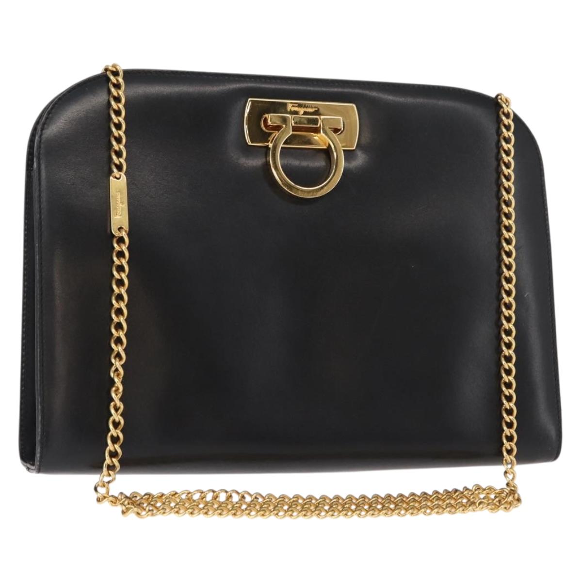 Salvatore Ferragamo Gancini Chain Shoulder Bag Leather Black Gold Auth 148176